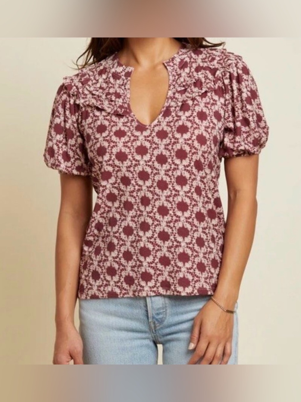 Nation LTD Purple Floral Patterned Pima Cotton Puff Short Sleeve Blouse - Size M